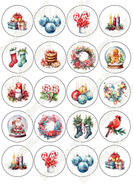 Cukura papīrs ar apdruku "Ziemassvētki Nr 2 ",  aplīši 5 cm